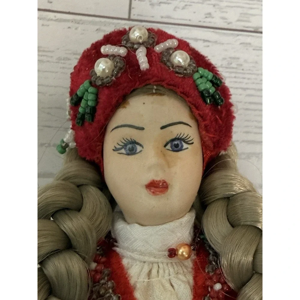 Vintage Folk Ethnic Female Doll Handmade Beaded Clothes Hat Braided Hair 10